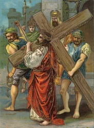 Křížová cesta - Via Crucis - Zastavení křížové cesty: druhé zastavení, Ježíš nese svůj kříž. Chromolitografie. Soukromá sbírka