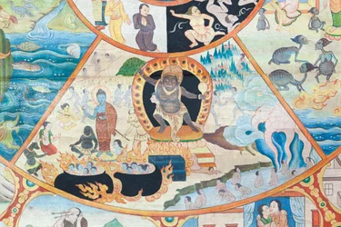 Kolo života, detail, nástěnná malba ve wat Umong, Chiang Mai, Thajsko