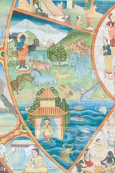 Kolo života, detail, nástěnná malba ve wat Umong, Chiang Mai, Thajsko