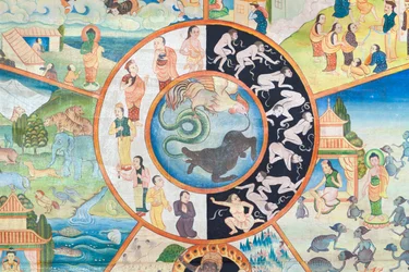 Kolo života, detail, nástěnná malba ve wat Umong, Chiang Mai, Thajsko
