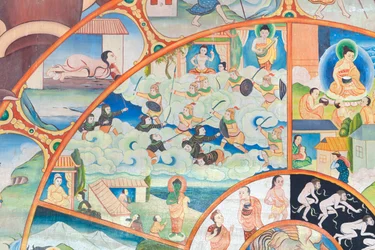 Kolo života, detail, nástěnná malba ve wat Umong, Chiang Mai, Thajsko