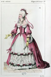 Žena v šatech, jaké nosila paní de Pompadour, asi 1810 (rytina)