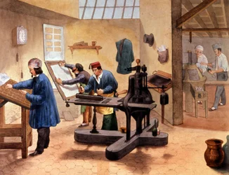 Tiskařská dílna, konec 19. století (ilustrace)