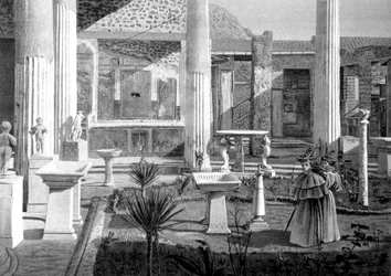 turisté navštěvující ruiny Pompejí na počátku 20. století (kresba)