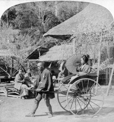 Ranní jízda v jinrikisha rikshaw, Sugita, Japonsko, 1896.