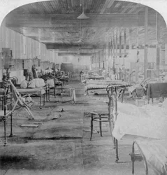 Mud Hall, poslední vězení obsazené britskými důstojníky v Pretorii, Jižní Afrika, 1901.