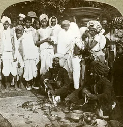 Zaříkávač hadů, Kalkata, Indie, 1900.