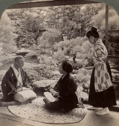 Zahrady domu pana Y. Namikawy, přední osobnosti uměleckého průmyslu, Kjóto, Japonsko, 1904