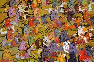 Marwar obraz: Detail z Démoni se připravují na bitvu proti bohyni Durga, palácové muzeum Mehrangarh Fort, Jodhpur, Rádžasthán, Indie