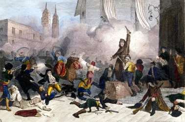 5.2.1808: Madridské povstání proti francouzskému ovládnutí Španělska. Rytina 19. století