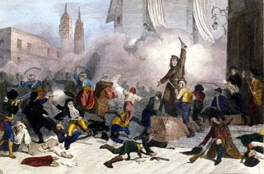 5.2.1808: Madridské povstání proti francouzskému ovládnutí Španělska. Litografie kolem roku 1830.