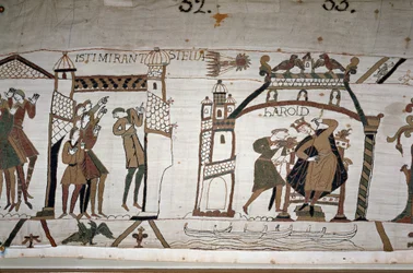 32: Vzhled komety; 33: Posel varuje krále Harolda II. (1022 - 1066) - tapisérie z Bayeux, známá jako výšivka královny Mathildy