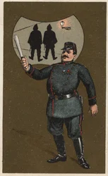 Francouzský policista v uniformě s obuškem. Anonymní chromolitografie, konec 19. století.