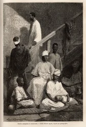 Senegalská rodina ze Saint Louis (Saint Louis). Rytina k ilustraci plavby na pobřeží Afriky od viceadmirála Fleuriota de Langle, v roce 1868, publikovaná v „“Le tour du monde“““ 1872, editoval Edouard Charton, vydání Hachette, Paříž. Společnost Selva Co