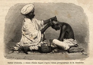 Holič pracující v ulicích Kalkaty. Rytina k ilustraci plavby v poledních provinciích Indie, od Alfreda Grandidiera, v letech 1862-1864, publikovaná v „” le tour du monde””, editoval D