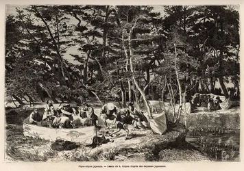 Buržoazní piknik (nebo piknik) na předměstí Edo (dnešní Tokio), uvnitř látkové ohrady, hosté, obvykle dvě rodiny) sdílejí jídlo a často vhodný pro příležitost pro hudebníky, tanečníky a pantomimy. Rytina pro ilustraci voyag