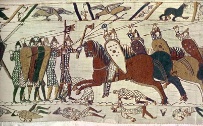Útok kavalerie. Tapiserie z Bayeux, výšivka (tapiserie)
