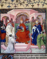 Koncil, kterému předsedal papež Klement V. (1264-1314) (za přítomnosti krále pravděpodobně Filipa Bela). Miniatura převzatá z La Fleur des histoires de la terre d
