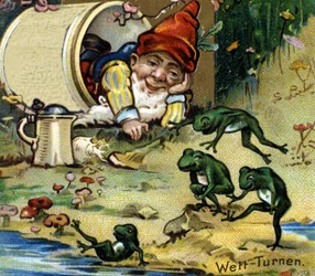 Trpaslík nebo farfadet si hraje s žábami. Chromolitografie 19. století.