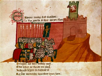 Skupina franských rytířů přijíždí do miniaturního hradu z „Entree of Spain““. Benátky 14. století, Biblioteca Marciana.