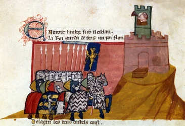 Skupina upřímných rytířů přijíždí do hradu. Miniatura z “”Entree of Spain””. Benátky 14. století, Biblioteca Marciana.