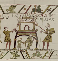 Dům je vypálen Normany, Bayeux Tapestry (vlněná výšivka na plátně)