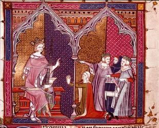 Král vykonávající spravedlnost Miniatura převzatá z „Justiniani in Fortiatum““ Královská knihovna kláštera Escorial ze 14. století, Španělsko