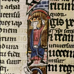 Královský pomocník při rekonstrukci jeruzalémského chrámu Detail stránky rukopisu Bible svatého Ludovika. Biblioteca Comunale Assises ze 14. století, Itálie