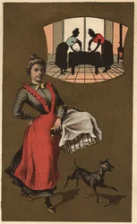 Pračka nesoucí prádlo v koši. Anonymní chromolitografie, konec 19. století.
