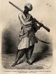 Horolezec z Hazara (Paňdžáb, Indie). Rytina k ilustraci plavby do Pandžábu a Kašmíru, příběh Guillauma Lejeana, v roce 1866, publikovaný v „Le tour du monde, nouveau journal des voyages“, pod vedením Edouarda Chartona
