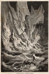 Lední medvěd pochází z ledovce, po zhroucení bloku ledu ze Spitzbergu, souostroví Severního ledového oceánu, kresba V. Foulquier, pro ilustraci Spitzbergu v letech 1838-1839, Charles Martins. Rytina v „“ Le tour du monde““, editoval