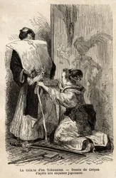 Záchod samuraje, mladá služebná jí pomáhá uvázat kimono. Rytina pro ilustraci plavby do Japonska v letech 1863-1864 od Aime Humberta, ministra Švýcarské konfederace, v „“Le tour du monde, nouveau journal des voyages““ vydaném pod vedením