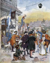 Scéna náboru v 18. století, ilustrace konce 19. století.