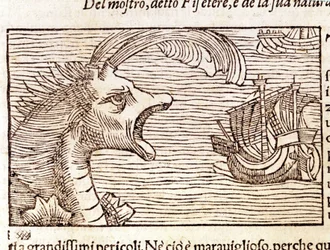 Vorvaň (?) (physeter) zaútočí na loď. Rytina Olause Magnuse (1490 - 1557), švédského náboženského a geografa, „Historia de Gentis Septentrionalibus“, Benátky