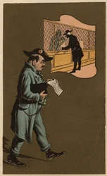 Daňový inspektor, anonymní chromolitografie, konec 19. století.