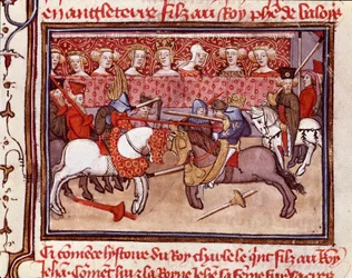 Rytířský turnaj v době francouzského krále Karla V. (1338-1380) Miniatura převzatá z „Les grandes Chronicles de France““ Chantilly ze 14. století, Musee Conde