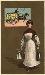 Chodící obchodník s mlékem (dodávka nebo mlékárna). Anonymní chromolitografie, konec 19. století.