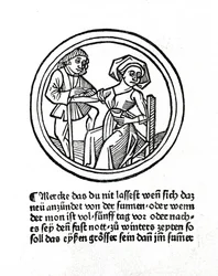 Žena krvácí. Xylografie v „Buch de Surgery“ od Hyeronima Braunschweiga. Štrasburk 1497