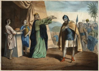 Abrahamovi vítězové čtyř skal obdrželi požehnání Melchisedecha (Melchisedeka nebo Melchisedeka nebo Melkisedeka nebo Melki-Tsedeka nebo Melkiho Tsedeqa), krále Salemu. Anonymní rytina z poloviny 19. století.