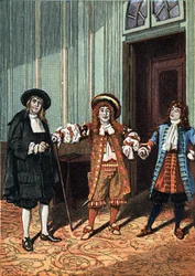 Druhé dějství komediálního baletu „Le Bourgeois Gentilhomme“ o pěti jednáních v próze od Moliera. Mistr filozof (pan Lenoir), mistr tance (pan Truffier), pan Jourdain (pan Coquelin mladší). Kolem roku 1890.