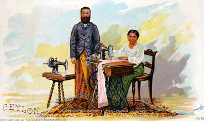 Reklama na šicí stroje Singer, Ceylon (současná Srí Lanka). 1892