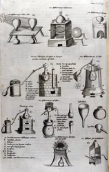 Alchymie: deska představující různé modely destilačních přístrojů a destilačních přístrojů. Athanase Kircher (nebo Athanasius Kircheri 1602-1680), německý jezuita. rytina ze 17. století.