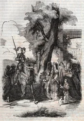 Alcina a její dvůr přicházejí pozdravit Ruggiera - rytina z roku 1851 z básně Orlando furioso (1516) od Ludovica Ariosta, - vydání přeložené z italštiny hrabětem z Tressanu a vydané Gustavem Harvardem 1851