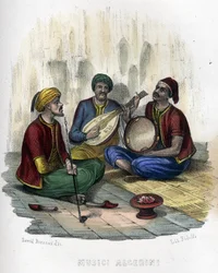 alžírští hudebníci. ve „Starověkém a moderním Alžírsku““ od Léona Galiberta. Italské vydání v barvě 1846.