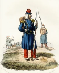 Alžírsko, lehká pěchota francouzské armády Afriky během expedice v roce 1830. V “” Storia d