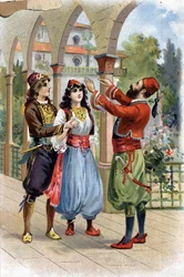 Ali Baba. (Ali-Baba) (Příběhy tisíce a jedné noci): jako odměnu Morgiane ji Ali Baba provdá za svého syna. Chromolitografie 19. století