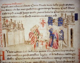 Spojenectví francouzského krále Karla VI. s florentskou komunou v roce 1396 - v „Croniche del Sercambi“, kolem roku 1400. Národní archiv, Lucca.