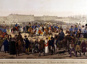 Spojenci vstoupili do Paříže 31. března 1814 (Rusko Alexandr I., rakouský císař František Josef I. a pruský král Fridrich Vilém III.) rytina 19. stol.