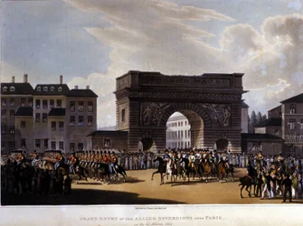 Spojenci vstoupili do Paříže 31. března 1814 (Rusko Alexandr I., rakouský císař František I. a pruský král Fridrich Vilém III.) rytina 1826