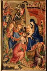 Altarolo del Bargello (oltářní obraz z Bargella): „Klanění tří králů“. Anonymní malba ze 14. století. Florencie, Museo Nazionale del Bargello